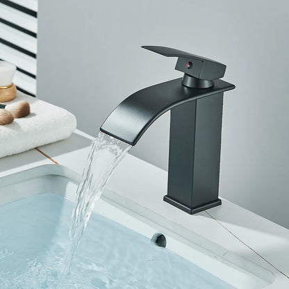 Matte Black Waterfall Basin Faucet Single Handle Hot Cold Water Mixer Tap for Bathroom Wash Basin Mixer Crane