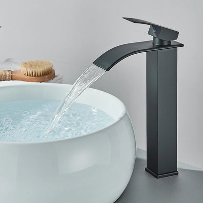 Matte Black Waterfall Basin Faucet Single Handle Hot Cold Water Mixer Tap for Bathroom Wash Basin Mixer Crane