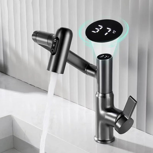 Single-Hole Rotatable Faucet with Temperature Display Pulling Lifting Stream Sprayer Hot Cold Water Sink Mixer Tap for Bathroom