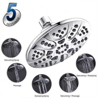 6 inches High Pressure Shower Head, 5 Spray Settings