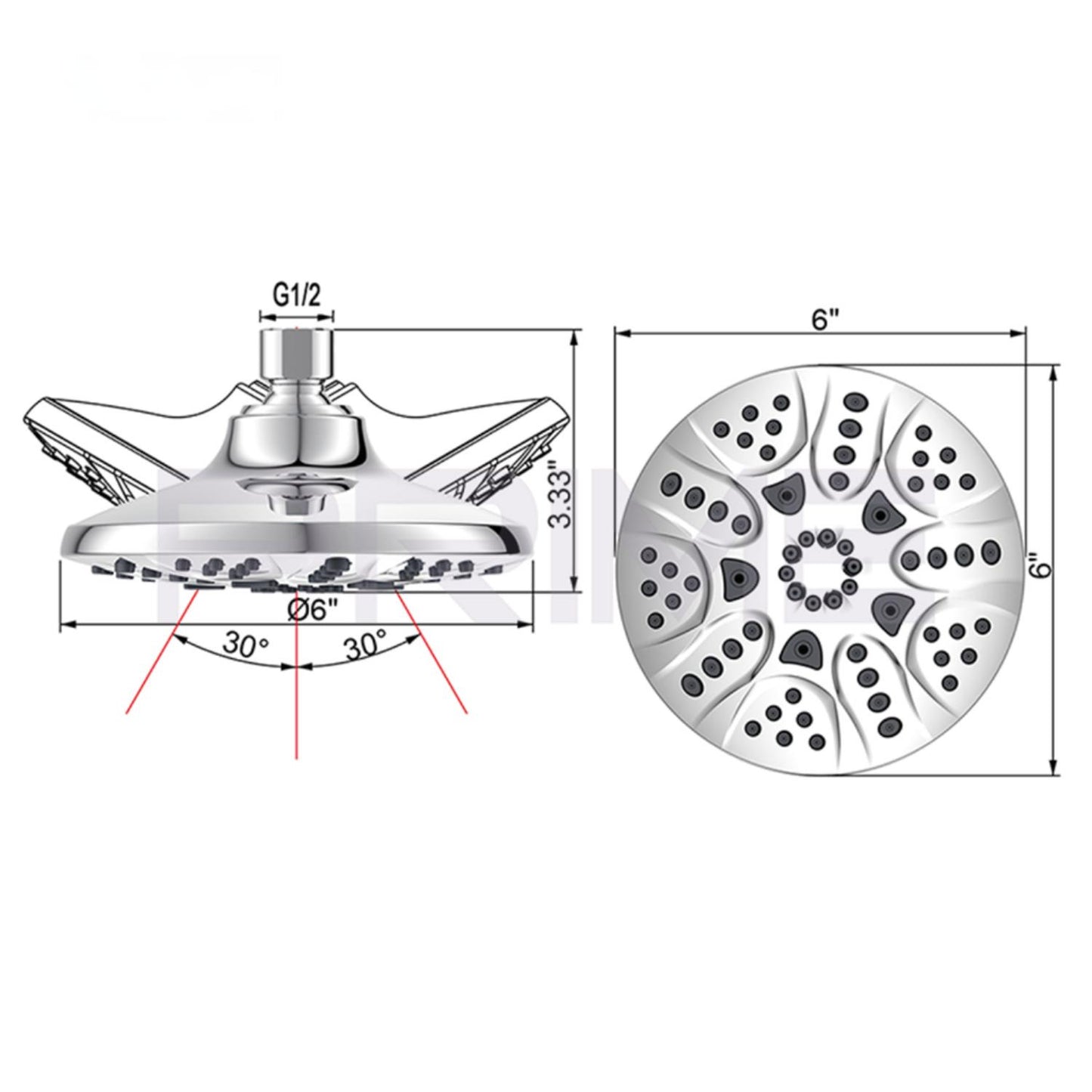 6 inches High Pressure Shower Head, 5 Spray Settings