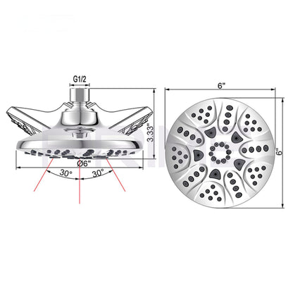 6 inches High Pressure Shower Head, 5 Spray Settings